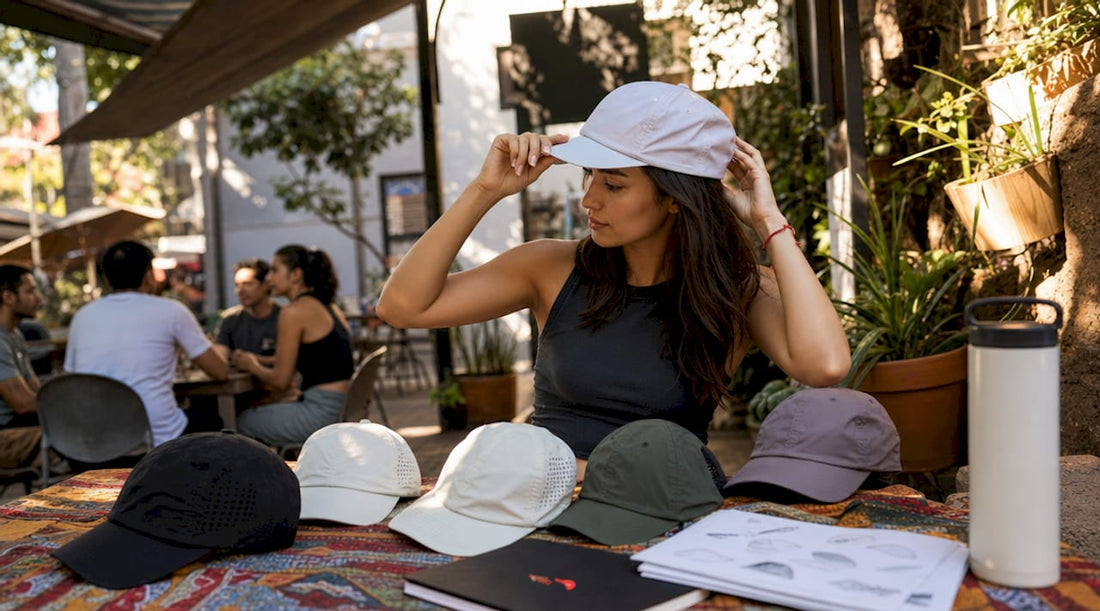Woman trying on performance hats in café