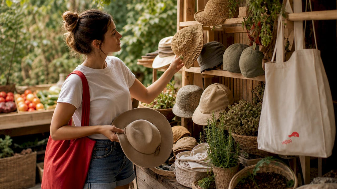 Woman examining organic cotton and alternative hats in boutique