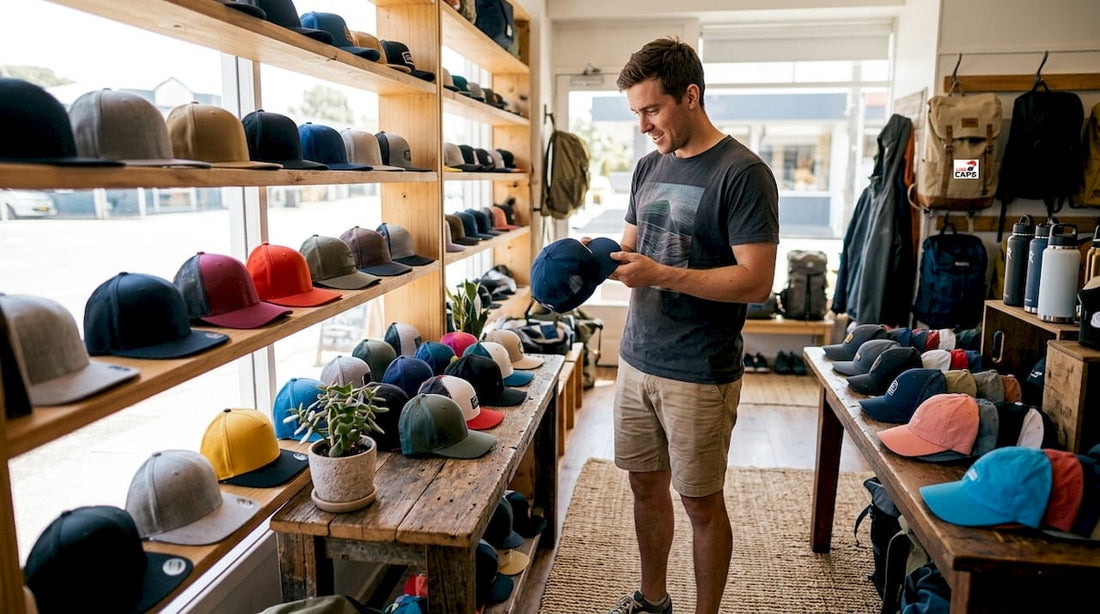 Customer trying on sports caps in New Zealand store
