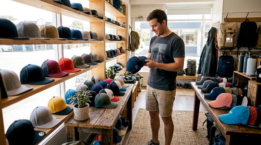 Customer trying on sports caps in New Zealand store