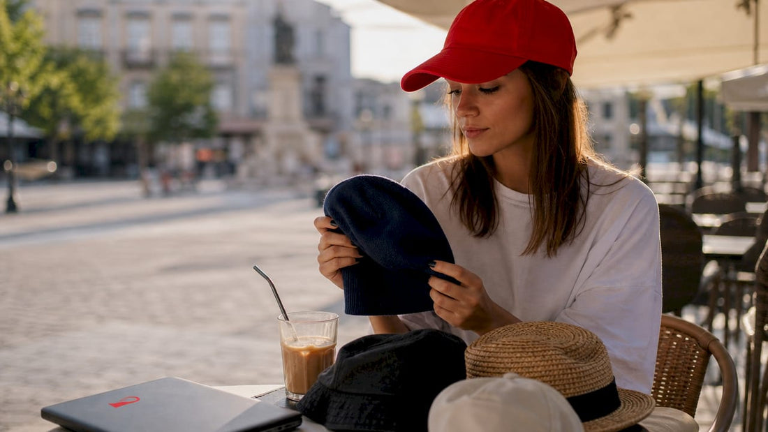 Woman trying different high crown cap alternatives outdoors