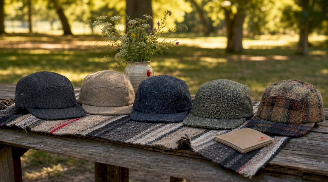 Five corduroy cap alternative hats on wooden table