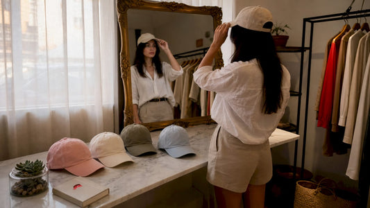 Woman trying minimalist caps in bright boutique