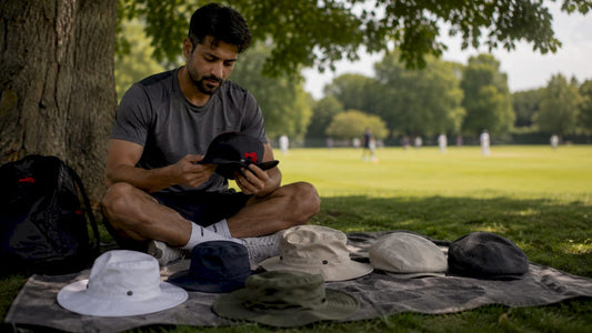 Cricket player considering alternative hats outdoors