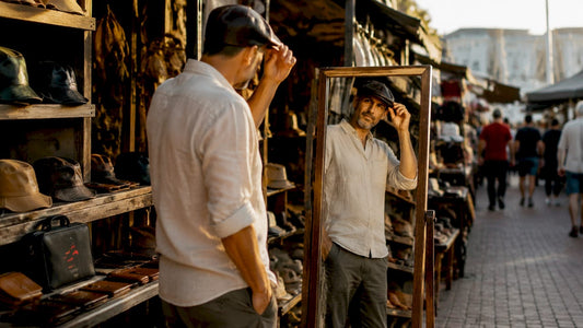 Man trying on leather hats in Wellington shop