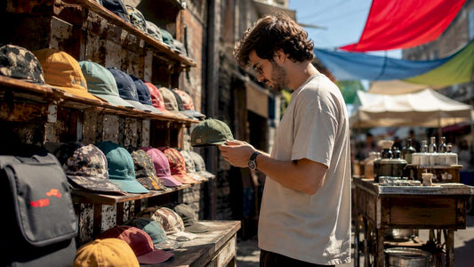 Customer selecting unstructured cap in streetwear shop