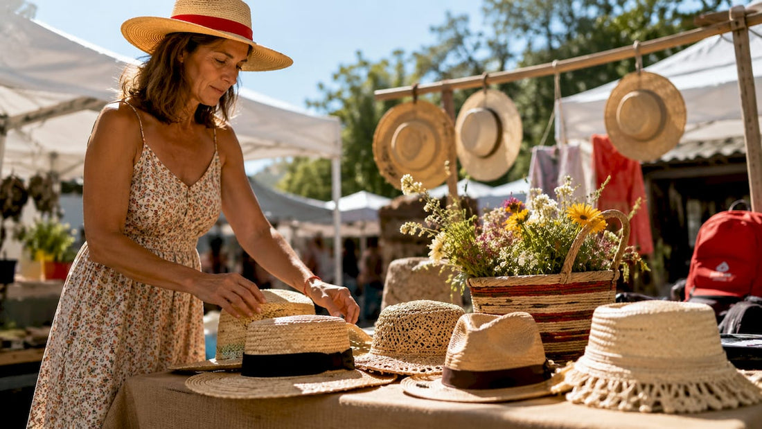 Woman arranging straw hats at outdoor market stall
