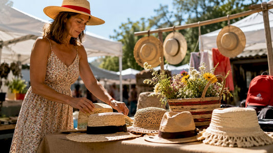 Woman arranging straw hats at outdoor market stall