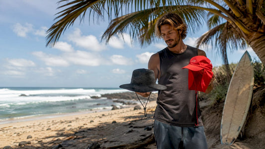 Surfer testing different surf hat alternatives on beach