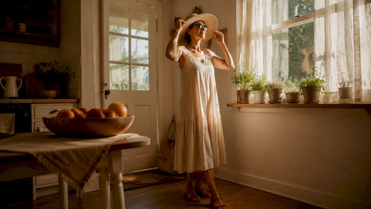 Woman trying on wide brim sun hat outdoors in garden