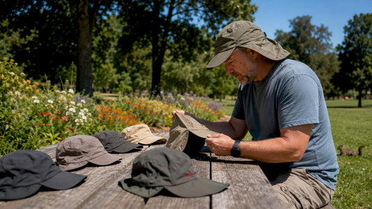 Man choosing legionnaire hats outdoors on wooden table