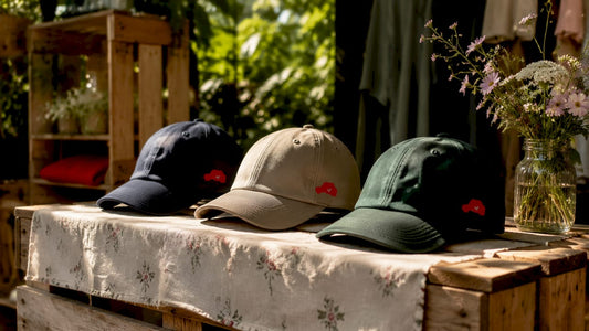 Three recycled polyester caps on wooden table