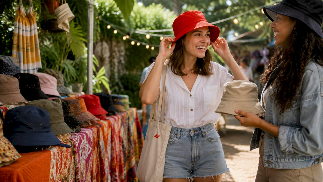 Woman trying on stylish bucket hats in boutique