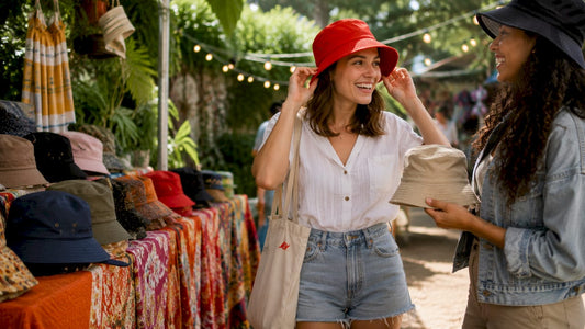 Woman trying on stylish bucket hats in boutique