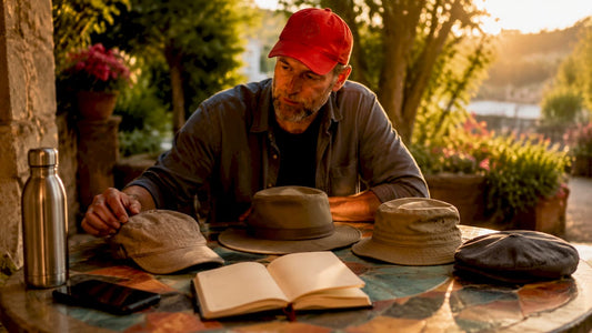 Man comparing four sun hats outdoors at café table