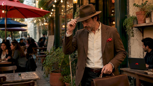 Man wearing classic brown fedora on historic street