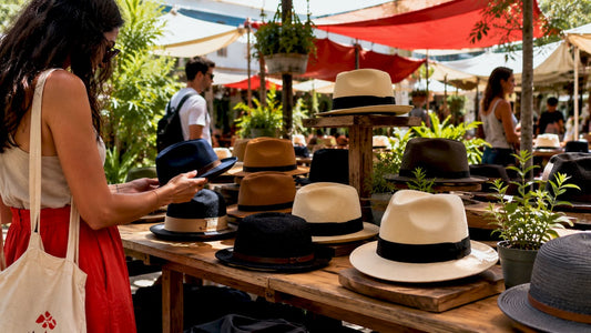 Fedora hats displayed on shelves in boutique store