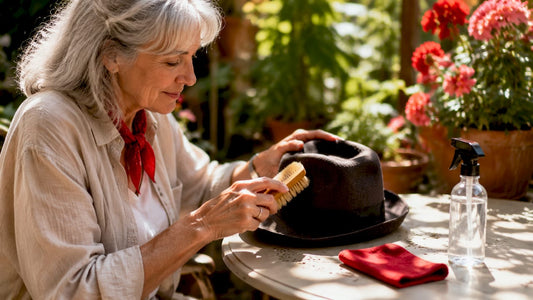 Senior woman brushing wool hat indoors