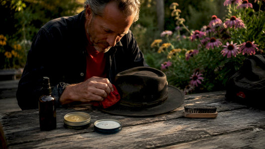 Person cleaning weatherproof hat at home workshop