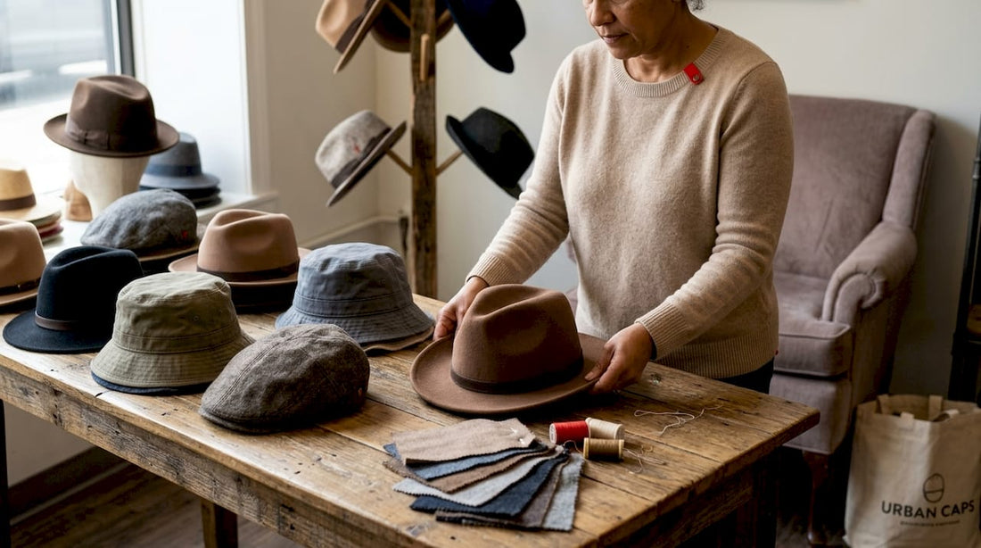 Woman arranging classic timeless hats on table