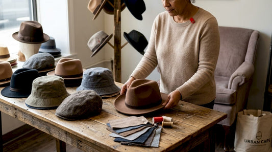 Woman arranging classic timeless hats on table