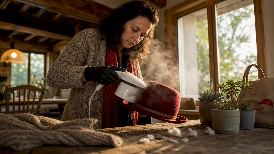 Woman steaming wool hat at home kitchen counter