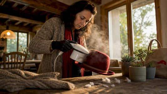 Woman steaming wool hat at home kitchen counter