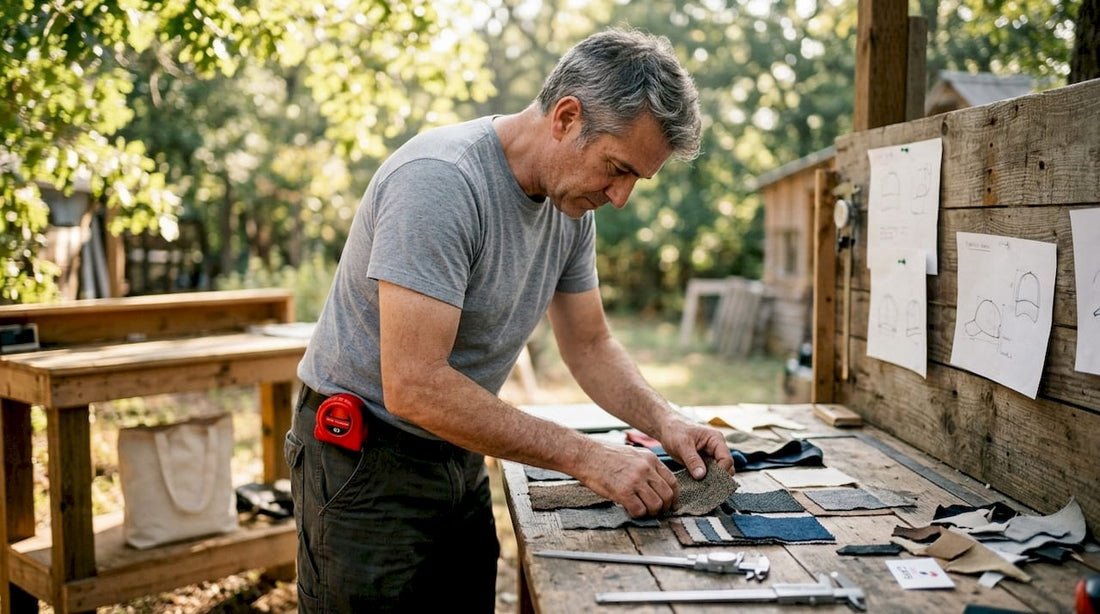 Craftsman examining hat fabrics in workshop