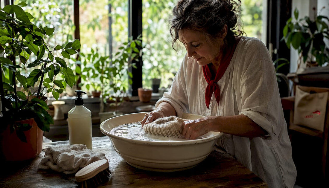 Hands hand-washing wool hat in basin