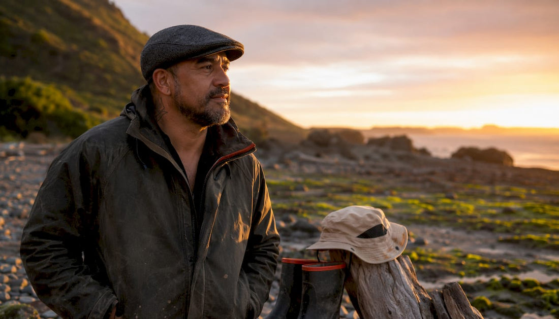 Māori man wearing flat cap on New Zealand beach