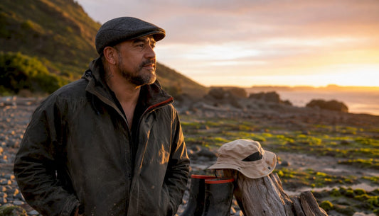 Māori man wearing flat cap on New Zealand beach