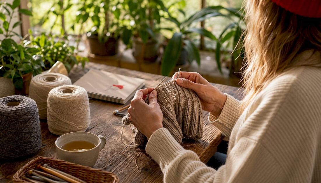 Hand knitting premium wool beanie indoors