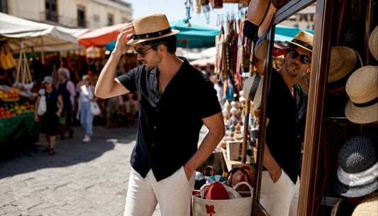 Man trying different hat styles indoors