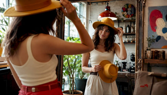 Woman trying on hat in front of mirror