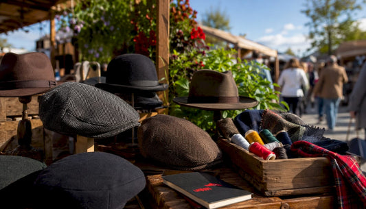 Assorted traditional heritage hats on wooden table