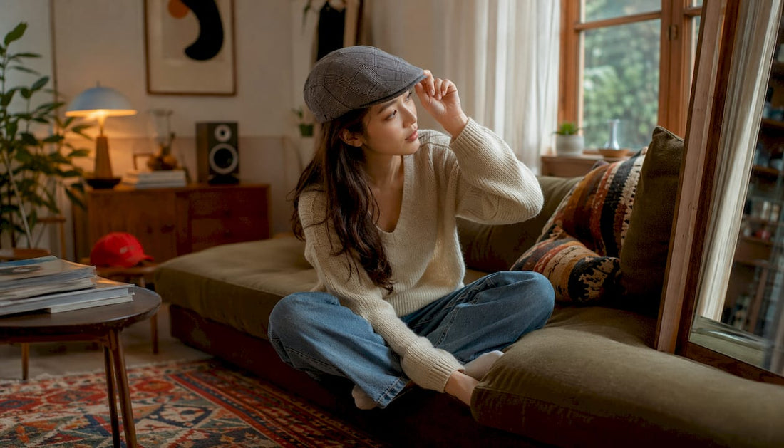 Woman trying on structured fedora hat indoors