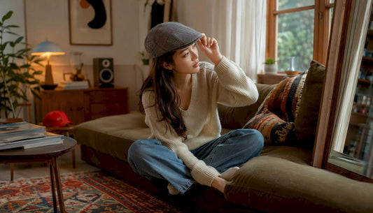 Woman trying on structured fedora hat indoors
