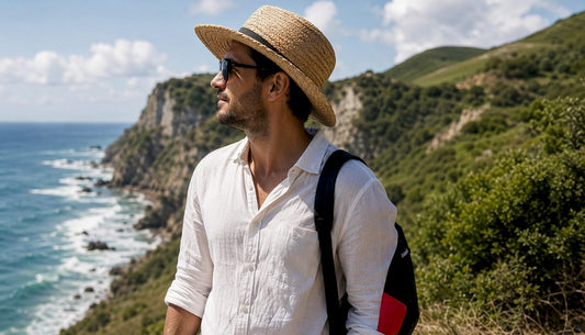Man outdoors wearing wide-brim sun cap