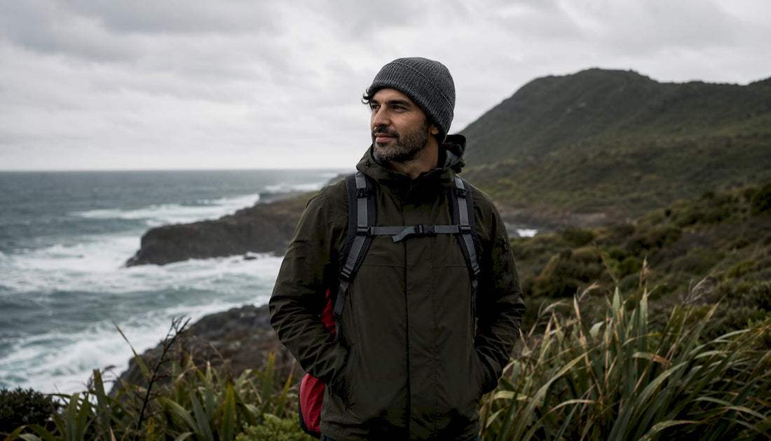 Man wearing wool hat in New Zealand coastal wind