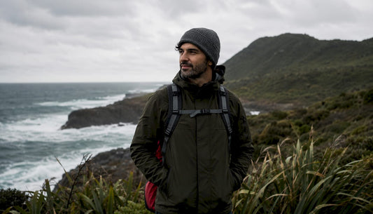 Man wearing wool hat in New Zealand coastal wind