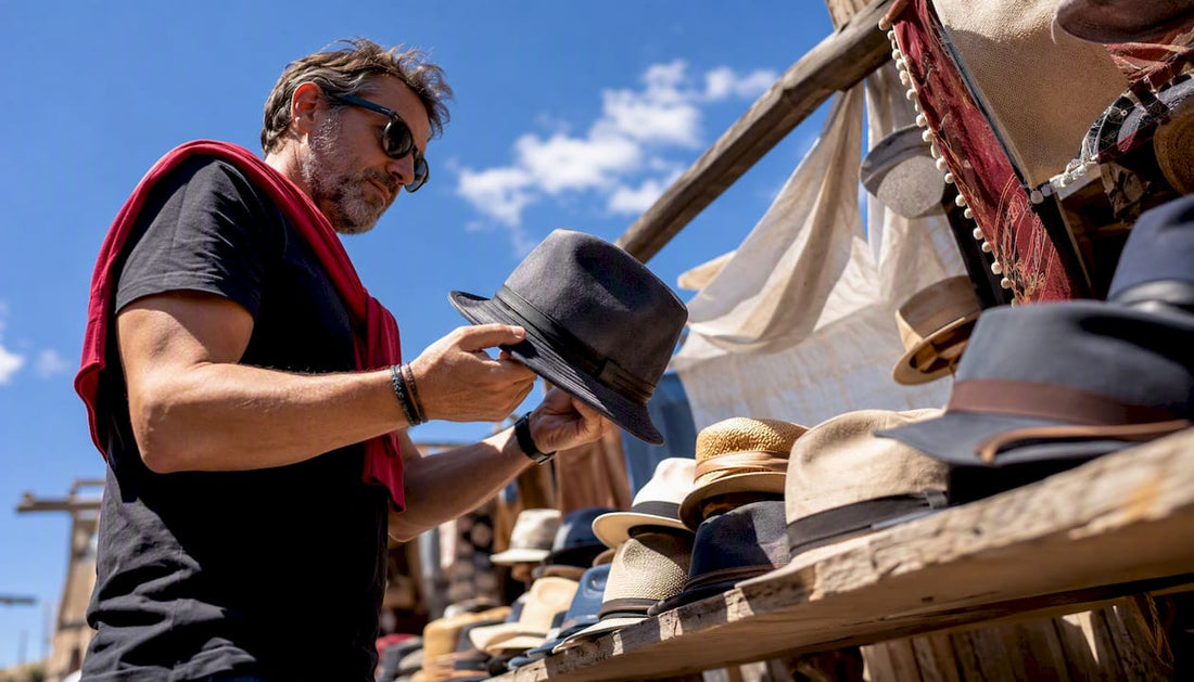Man inspecting classic fedora hat in tailoring shop