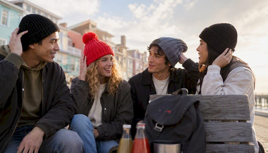 Group showing various beanie styles outdoors