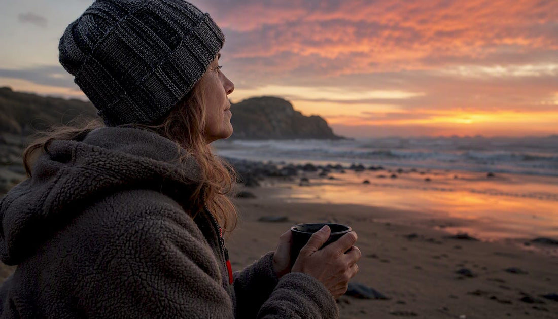 Woman wearing wool beanie outdoors at sunrise