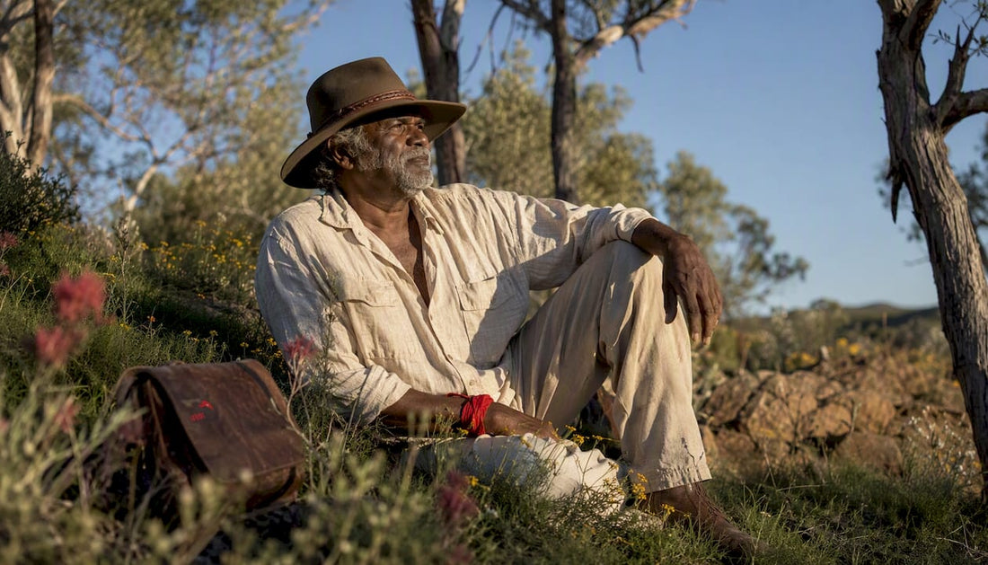 Indigenous man wearing Australian heritage style hat outdoors