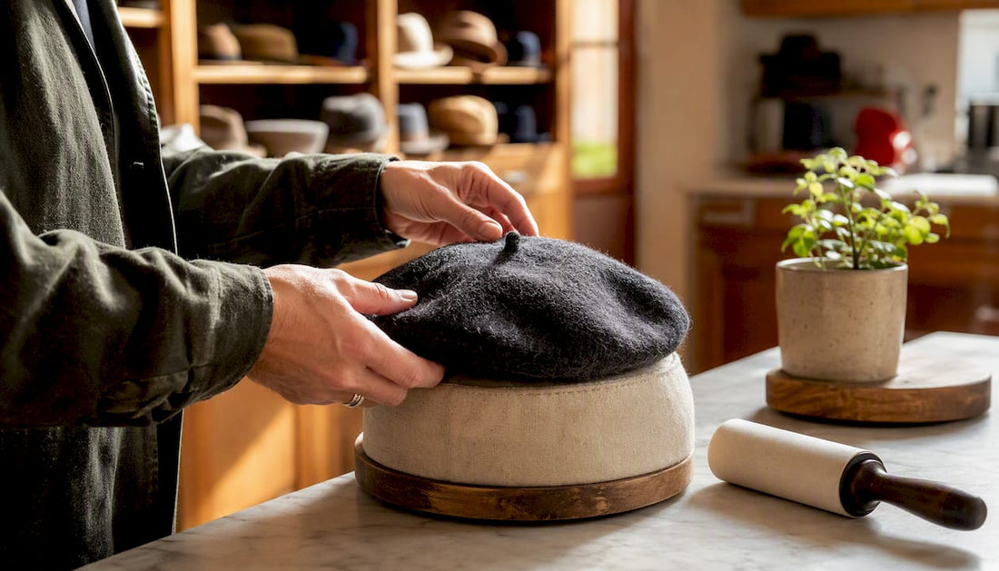 Hands placing wool beret on hat form