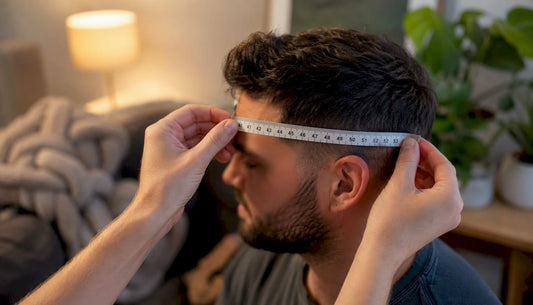 Hands measuring head circumference with tape