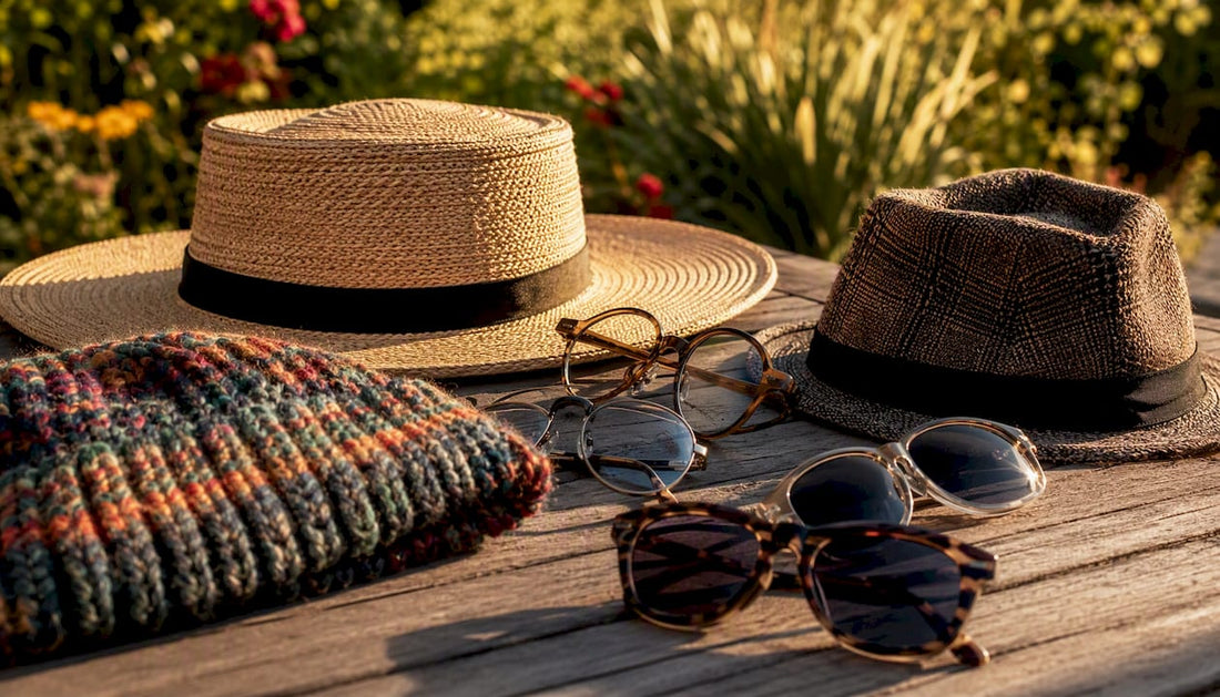 Close-up of hats and glasses arranged together