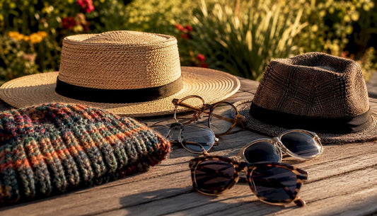 Close-up of hats and glasses arranged together