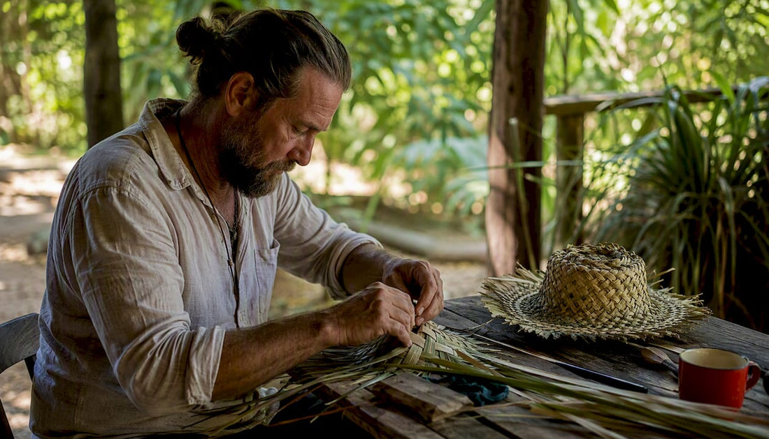 Hands weaving cabbage-tree hat strips