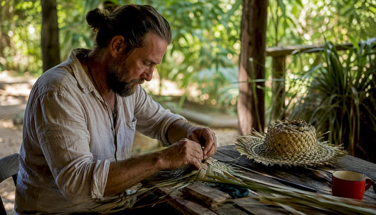 Hands weaving cabbage-tree hat strips